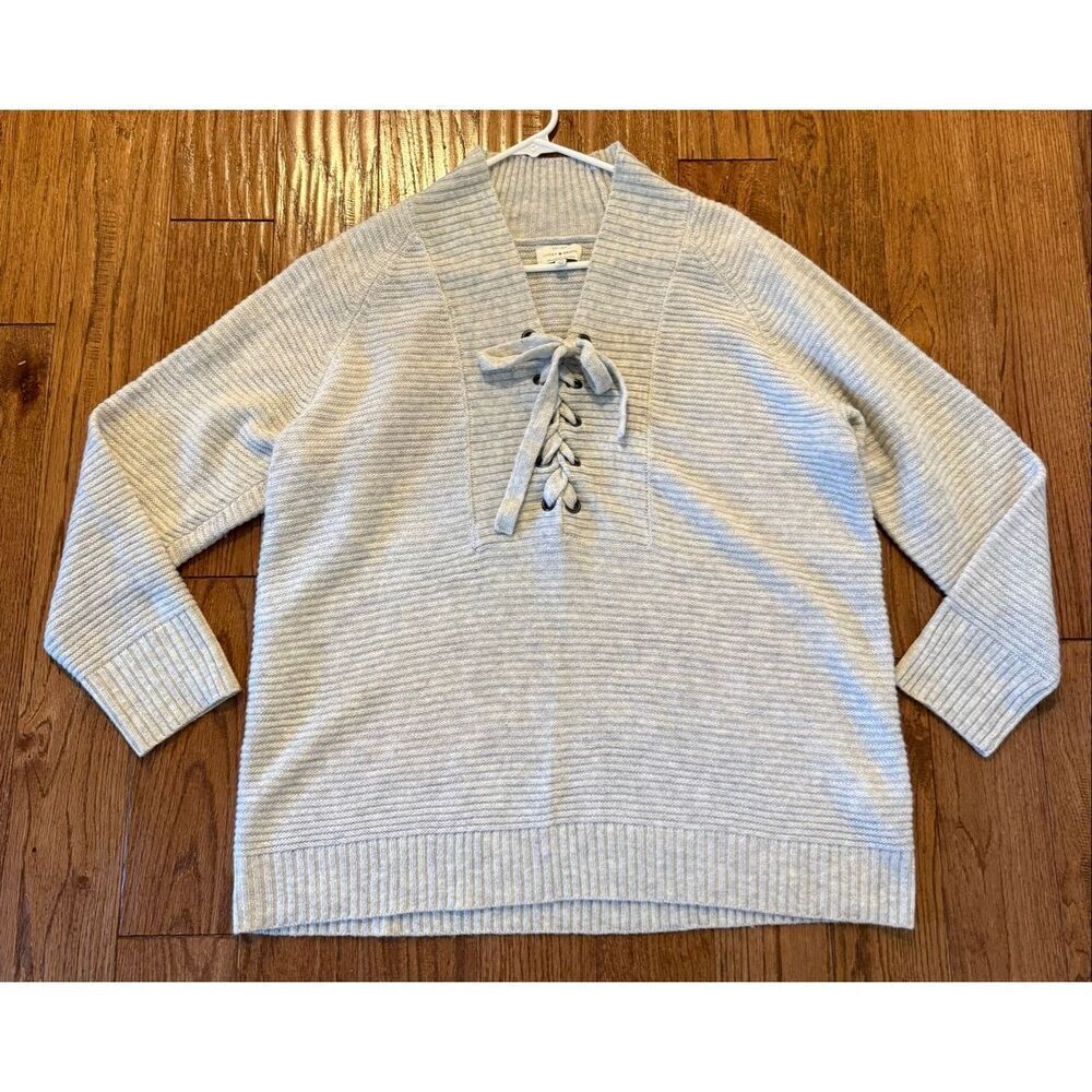 Lucky Brand grey lace up neck wool blend sweater size 2x - Picture 7 of 9